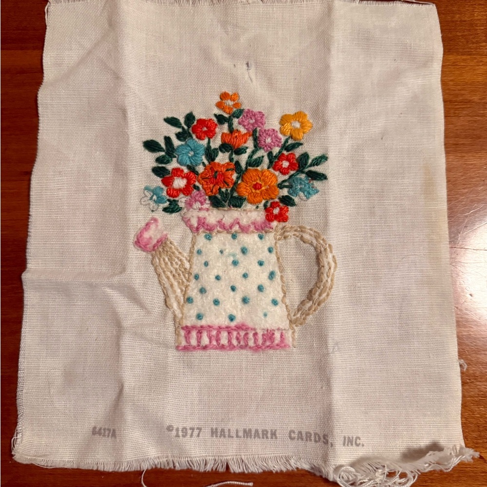 Vintage Mid Century Needle Point Embroidered Floral Watering Can Art
